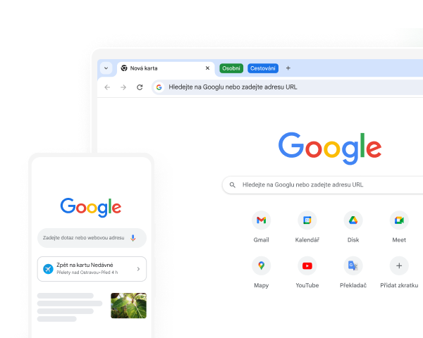 Mobilní zařízení i počítač zobrazují v Chromu domovskou stránku Google.