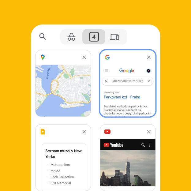 Mobilní prohlížeč načítá karty z prohlížeče na počítači, včetně Map Google a informací o parkování v New Yorku.