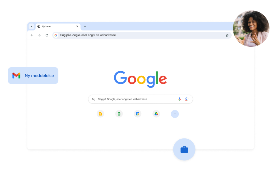 Baggrunden på Google Søgning-siden er hvid. Der er et billede af en kvinde i et af hjørnerne.