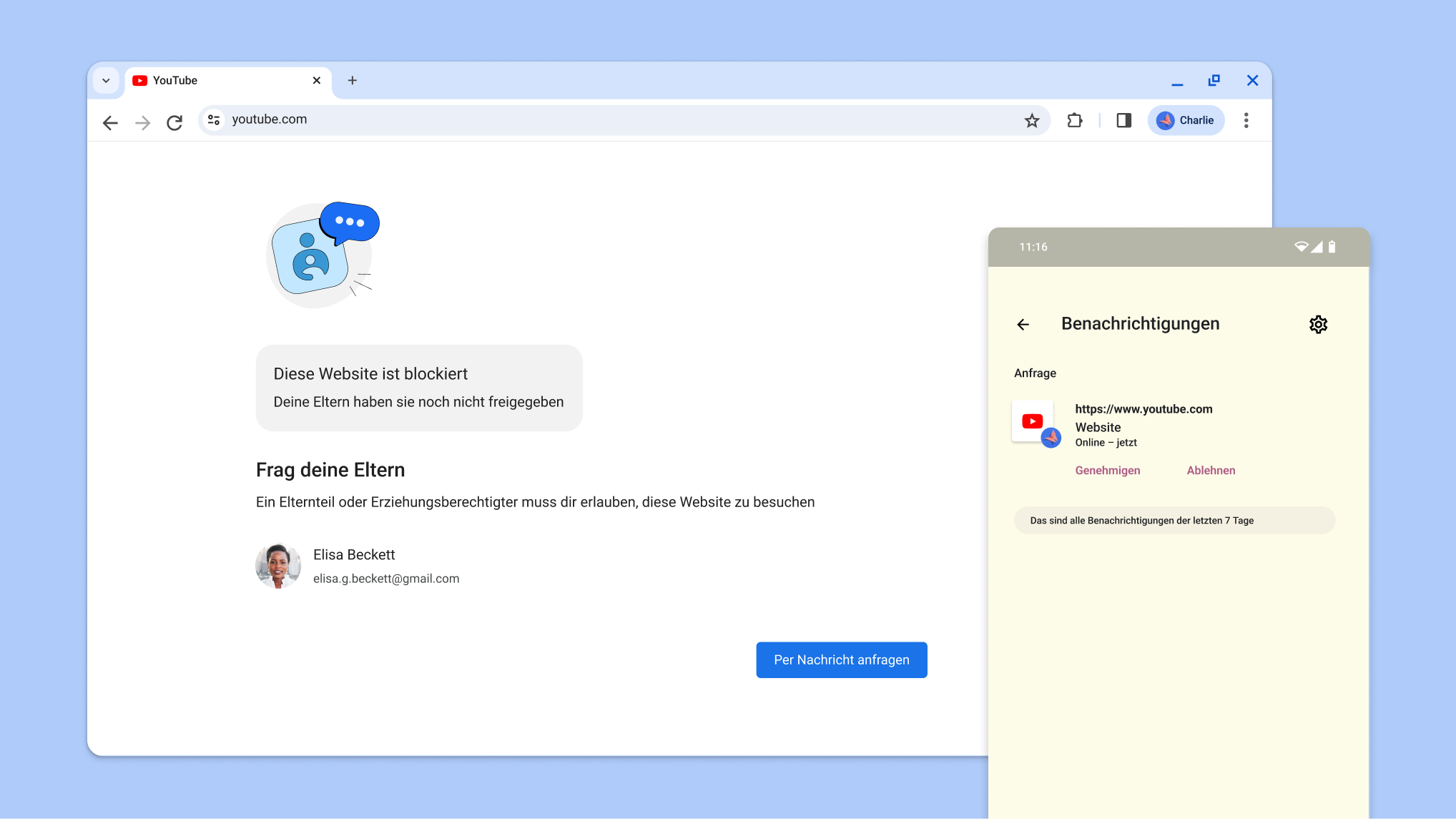 Aufgrund von Jugendschutzeinstellungen blockierte Website und eine Benachrichtigung von Family Link zur Genehmigung des Zugriffs