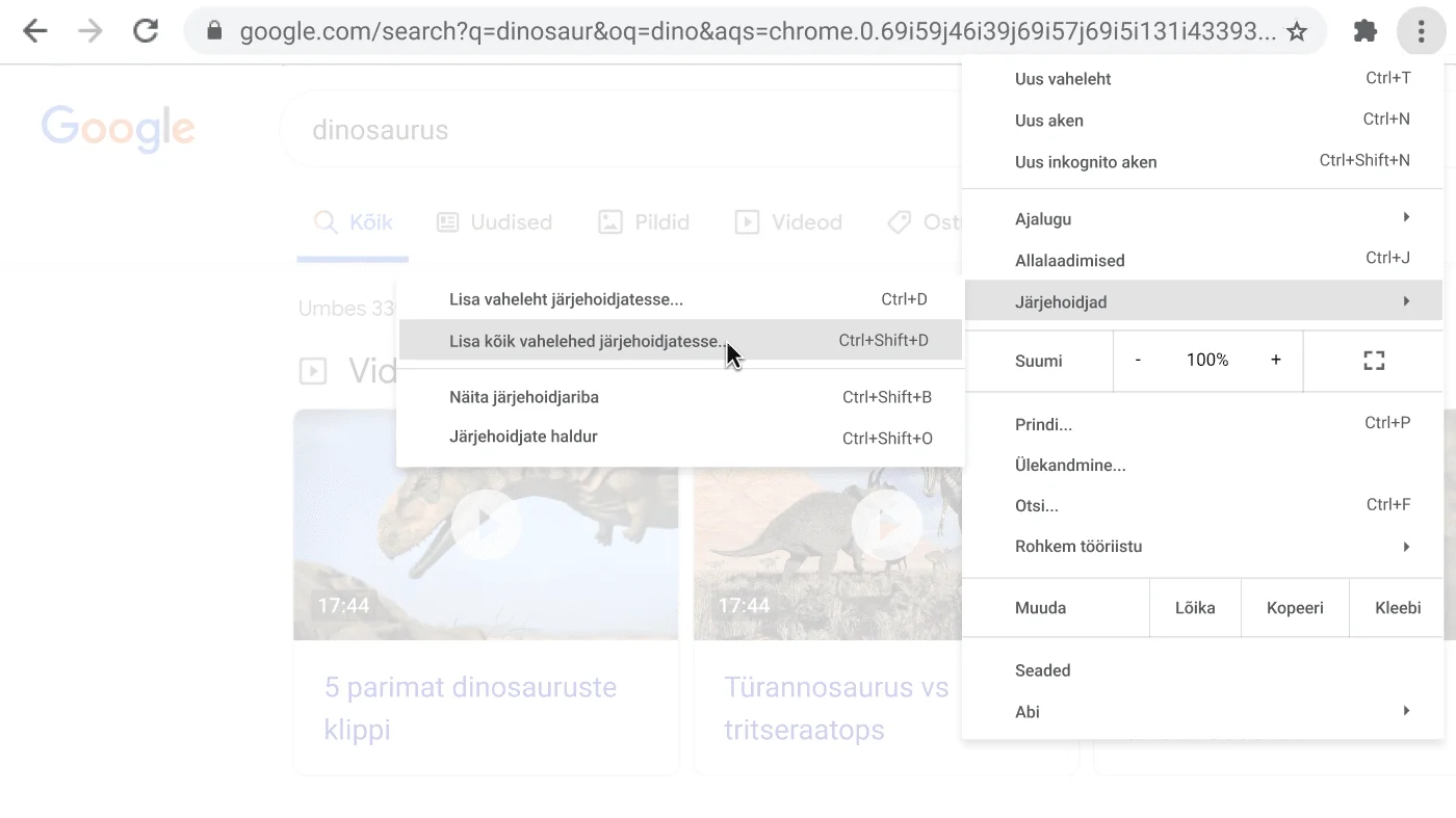 Chrome’i brauseriaken, milles on kuvatud dialoogikast koos valikuga Lisa kõik vahelehed järjehoidjatesse.