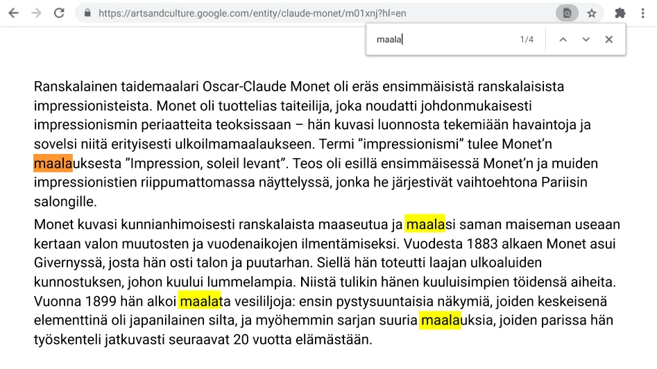 Chrome-selainikkunassa näkyvä avoin verkkosivu, jossa hakutoiminto on aktiivisena.