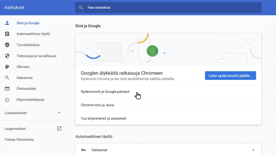 Chrome-selaimen asetusikkuna, jossa näkyy Sinä ja Google ‑asetusvalikko.