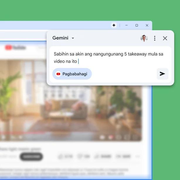 Nasa page ng YouTube ang pop-up ng Gemini sa Chrome. Humihingi ang user sa Gemini sa Chrome ng nangungunang 5 takeaway mula sa video.