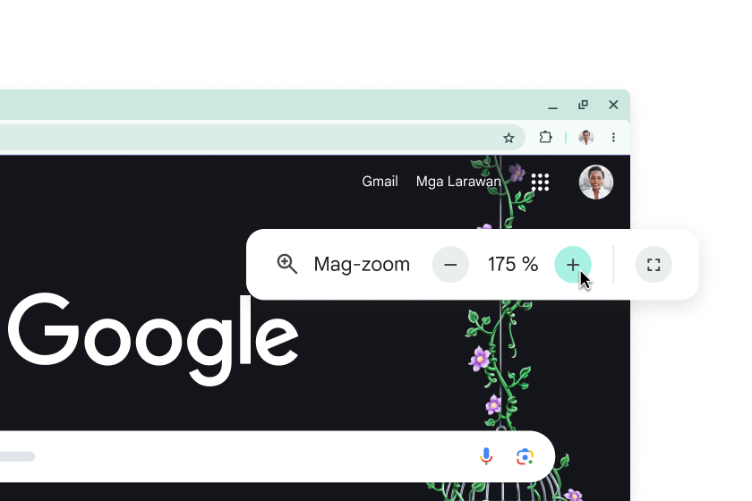 Homepage ng Google na may mga pinalaking element at pop-up na may Pag-zoom na nakatakda sa 175%