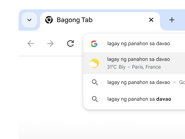 Nag-type ang user ng “lagay ng panahon sa Paris” sa address bar ng Chrome at bumuo kaagad ito ng mga resulta.