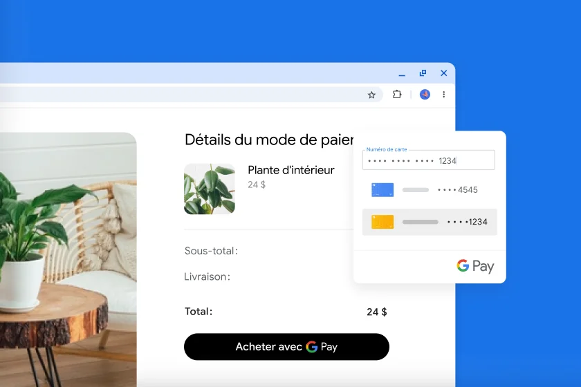 Des options permettant d'utiliser Google Pay sont affichées sur un site Web pour l'achat de plantes.