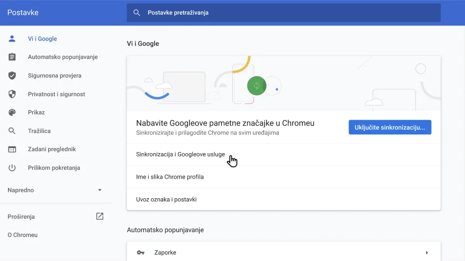 Prozor s postavkama preglednika Chrome u kojem se prikazuje izbornik 