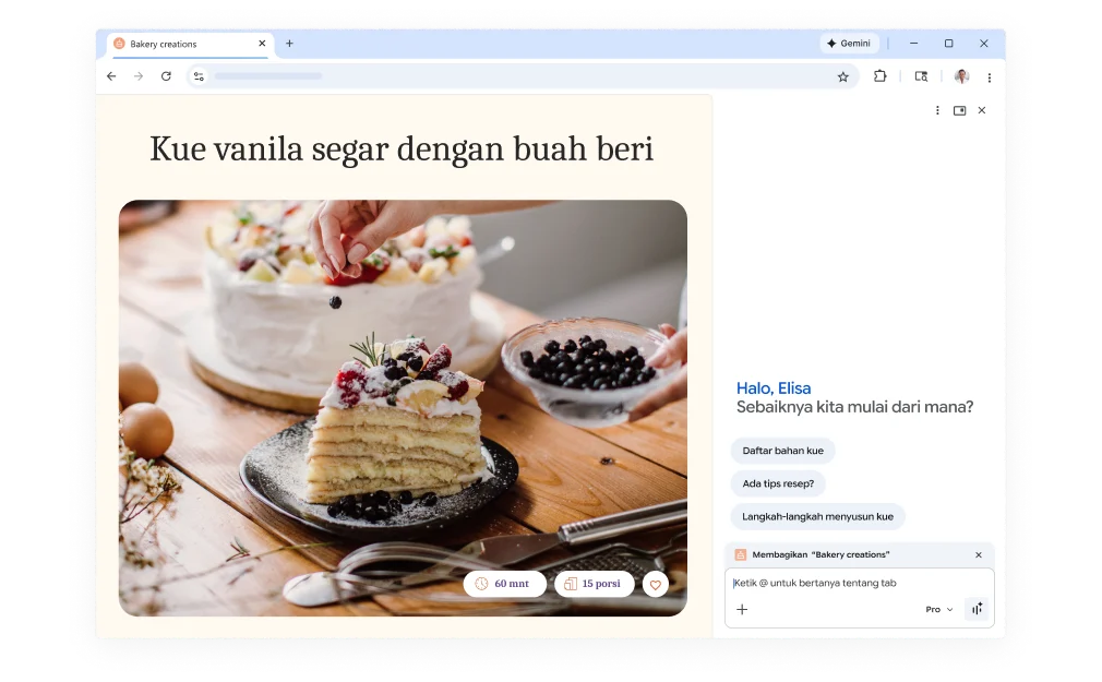 Jendela pop-up muncul di halaman resep kue, menawarkan bantuan melalui Gemini di Chrome. Fitur ini tersedia di desktop dan perangkat seluler.