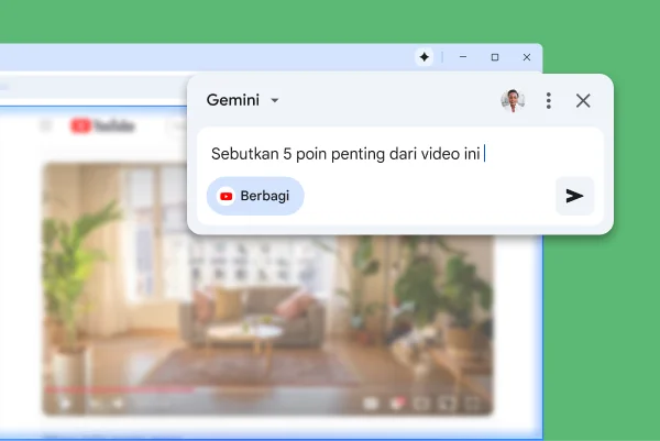Jendela pop-up Gemini di Chrome terbuka di sebuah halaman video YouTube. Pengguna meminta Gemini di Chrome merangkum 5 poin penting dari video tersebut.