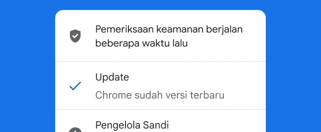 Sebuah peringatan menunjukkan bahwa pemeriksaan keamanan Chrome telah selesai dan versi browser sudah yang terbaru.