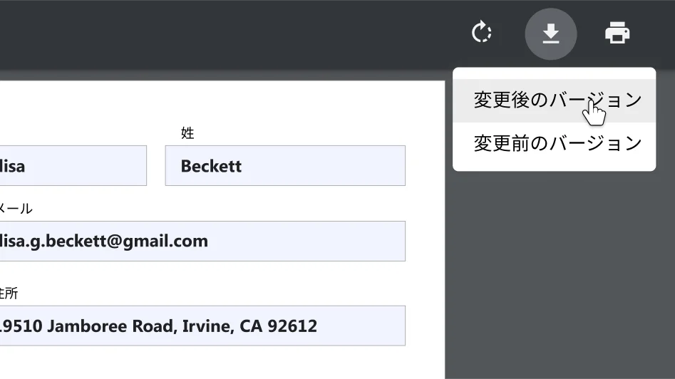 PDF ドキュメントが開かれ、ダウンロードと印刷のオプション メニューにズームインした Chrome ブラウザ ウィンドウ。