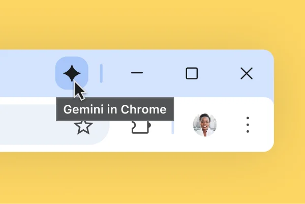 Chrome ブラウザバーの上部にある Gemini アイコンにユーザーがカーソルを合わせて、「Gemini in Chrome」というツールチップが表示されている。