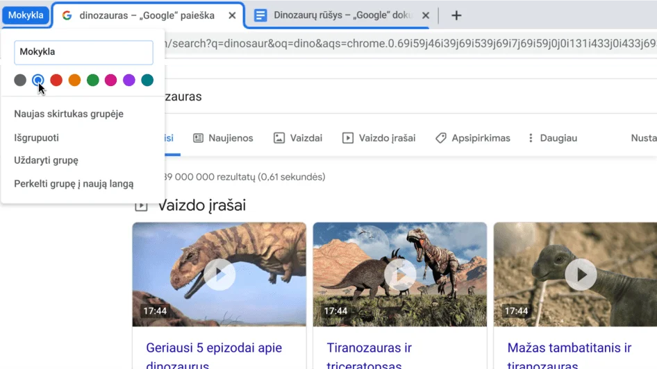 „Chrome“ naršyklės langas su dialogo langu, kuriame rodoma skirtukų grupė, kuriai suteikiamas pavadinimas.