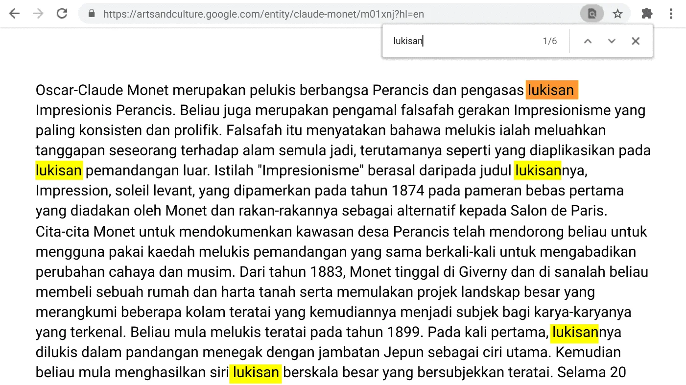 Tetingkap penyemak imbas Chrome membuka halaman web dengan fungsi Cari diaktifkan.