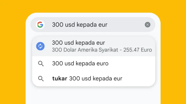 Pengguna menaip “300 usd to eur” pada bar alamat Chrome dan hasil carian dijana dengan serta-merta.pada