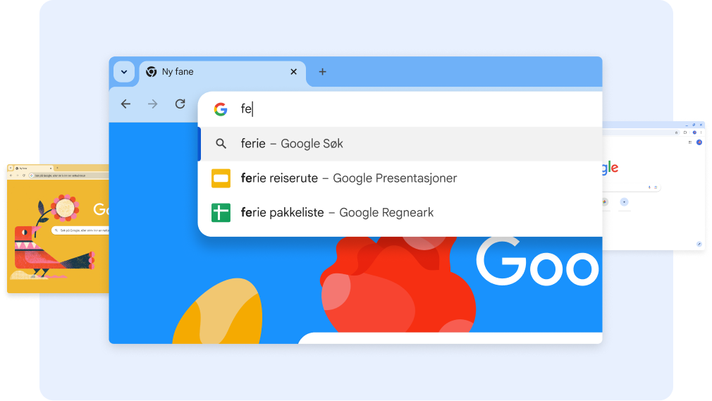 Et søk på «fe» viser feriedokumenter, og et trykk på en Regneark-snarvei åpner arket Ferie-pakkeliste.