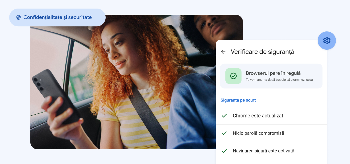 O femeie care privește spre telefonul său. Elemente cu textul „Confidențialitate și securitate”, cu o alertă despre parole compromise.