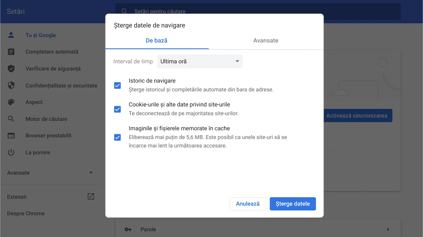 Fereastra de setări ale browserului Chrome afișând meniul de opțiuni Șterge datele de navigare.