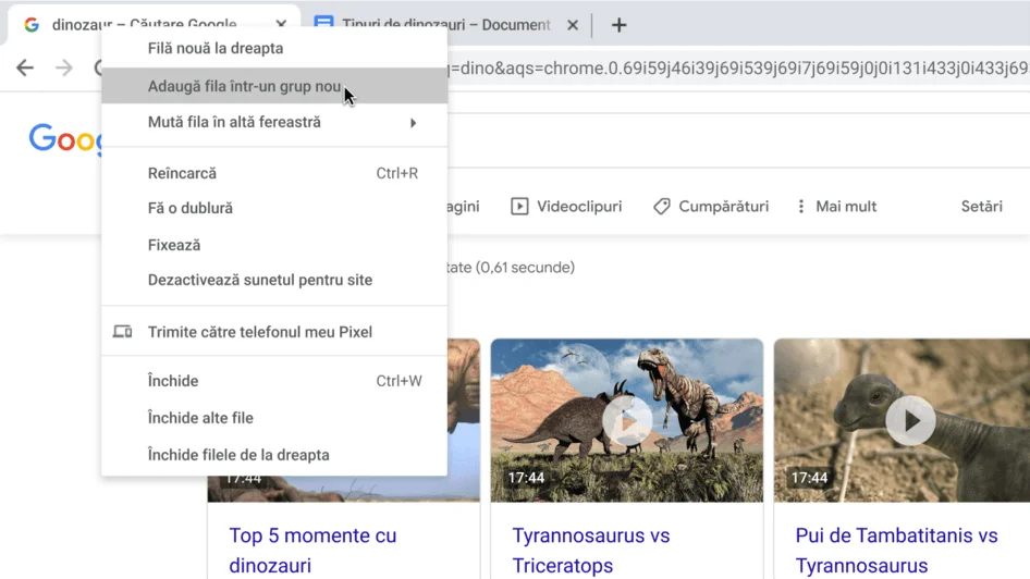 Fereastra browserului Chrome cu o casetă de dialog afișând crearea unui nou grup de file