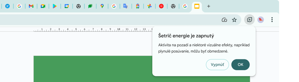 Kurzor klikol na ikonu šetriča energie, ktorá vysvetľuje, že aktivita na pozadí a niektoré vizuálne efekty boli obmedzené, aby sa šetrila pamäť.