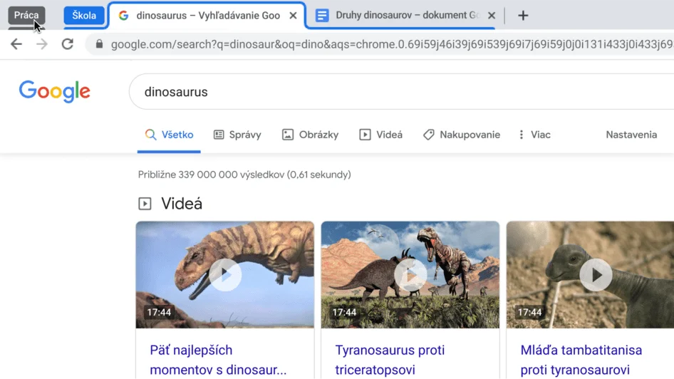 Okno prehliadača Chrome znázorňujúce zbalenie skupiny kariet.