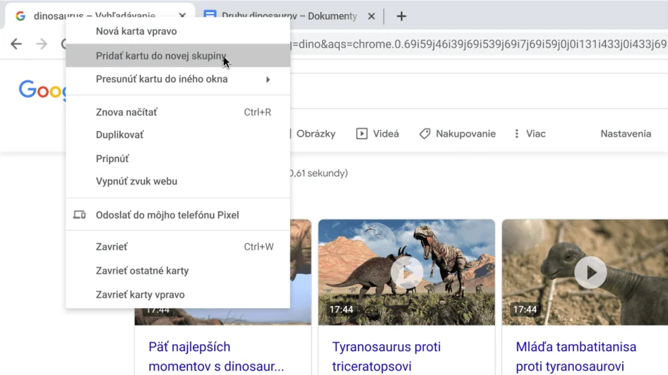 Okno prehliadača Chrome s dialógovým oknom znázorňujúcim vytvorenie novej skupiny kariet