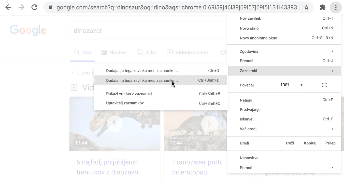 Okno v brskalniku Chrome s pogovornim oknom, v katerem je prikazana možnost dodajanja vseh zavihkov med zaznamke.
