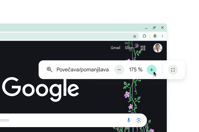 Googlova domača stran s povečanimi elementi in pojavnim oknom s 175-odstotno povečavo