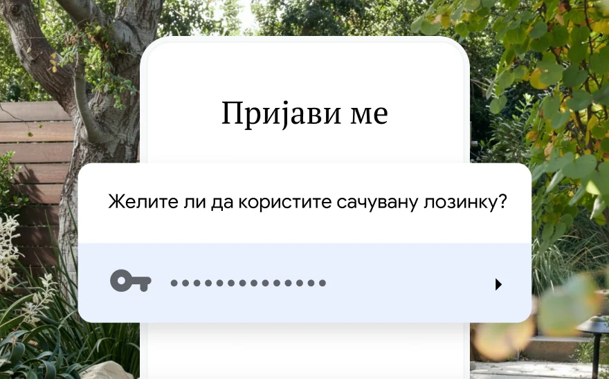 Страница за пријављивање за резервацију путовања на којој се приказује упит за коришћење сачуване лозинке. У позадини се види природа.