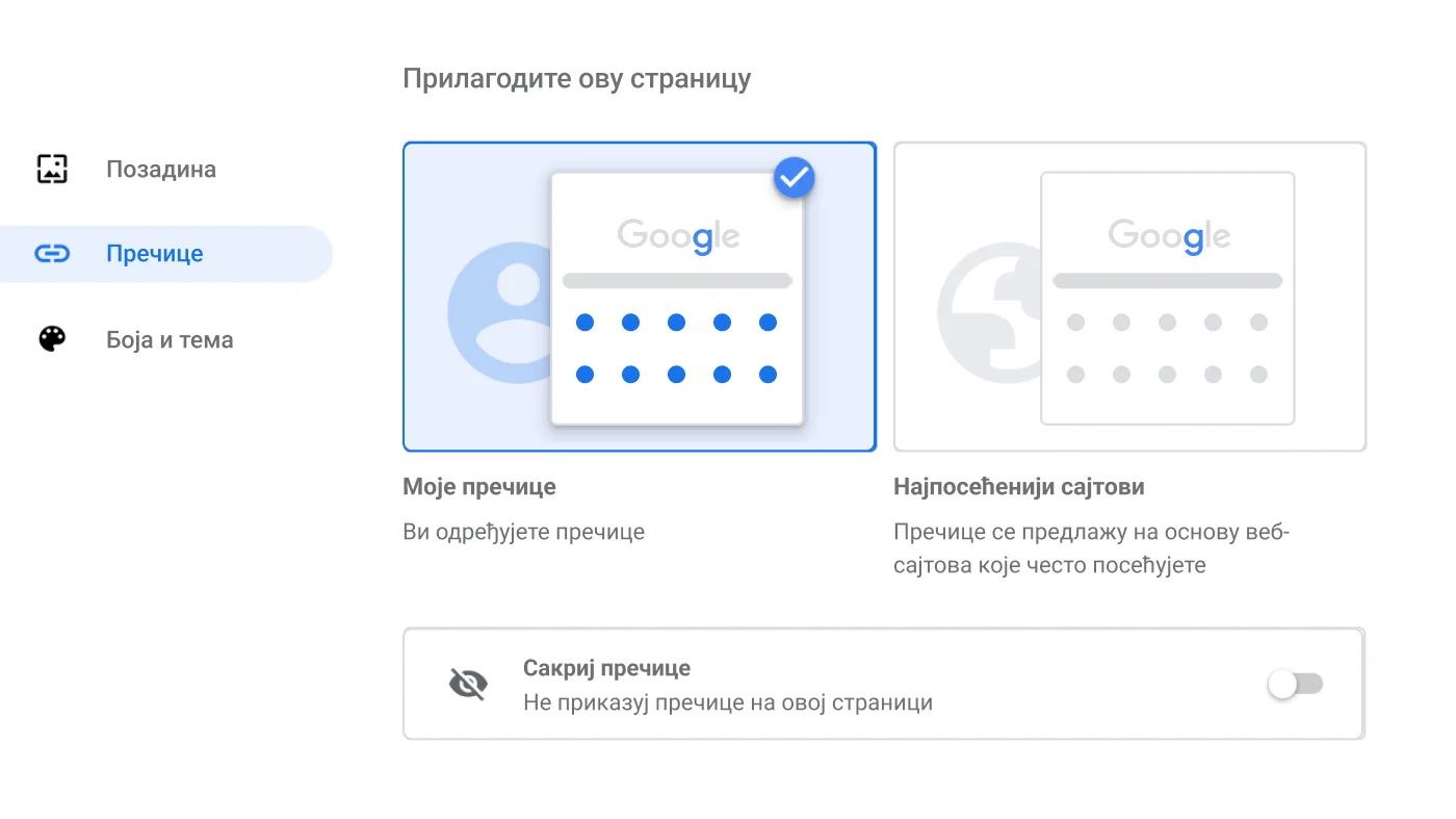 Прозор са подешавањима прегледача Chrome у ком се приказује дијалог Пречице.