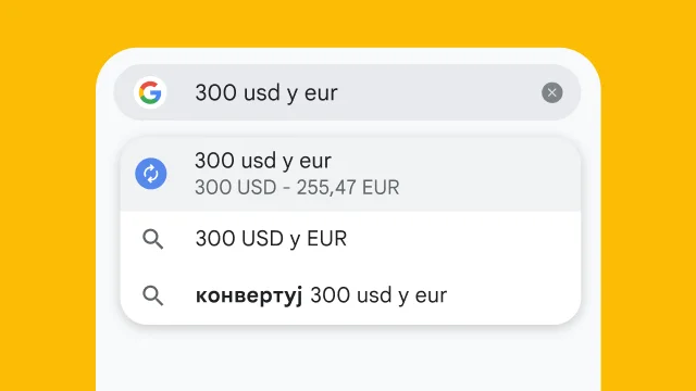 Корисник је унео „300 usd u eur“ у Chrome-ову траку за адресу која је одмах генерисала резултате.
