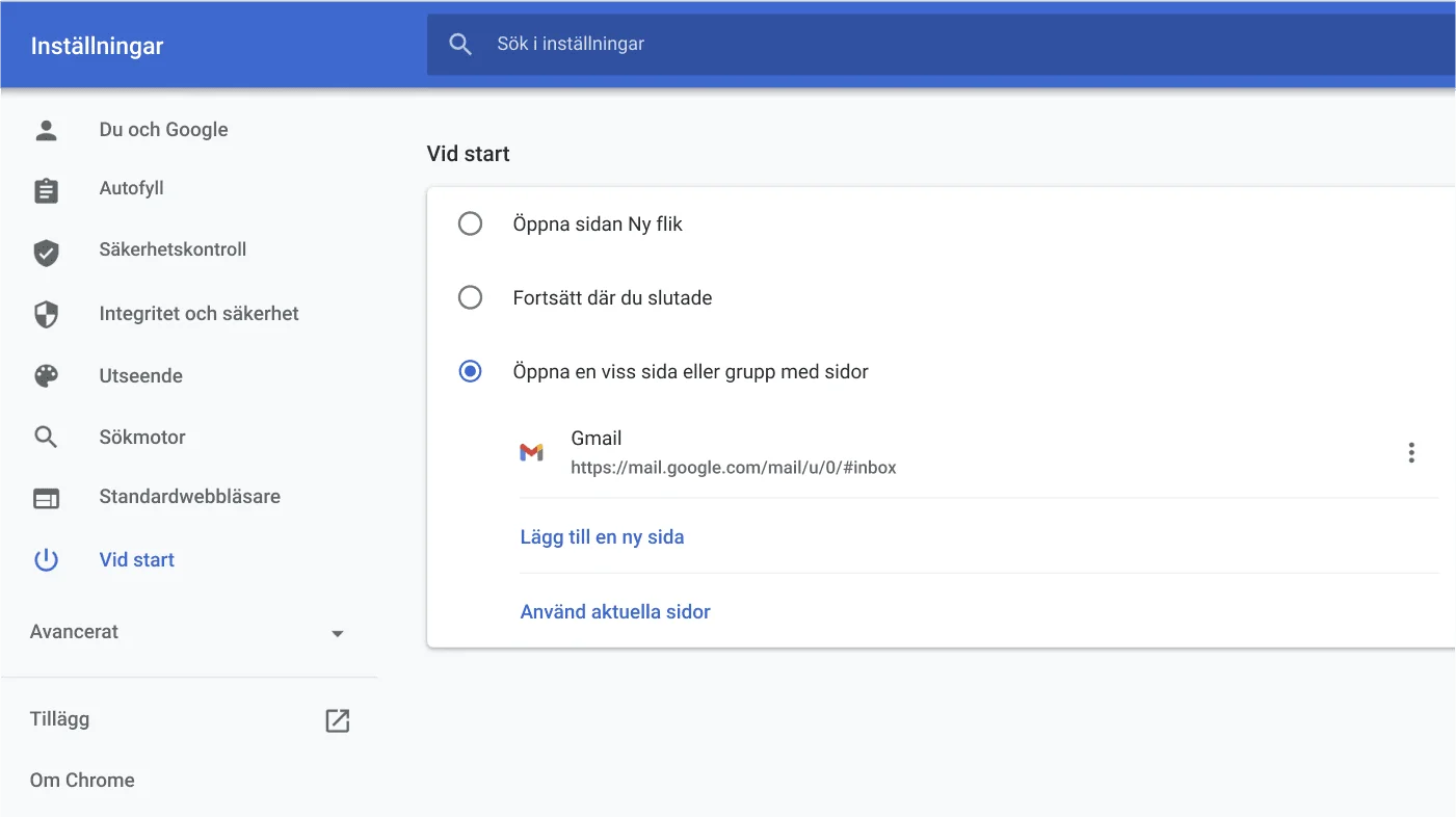 Ett fönster med inställningarna för webbläsaren Chrome som visar alternativmenyn Vid start.