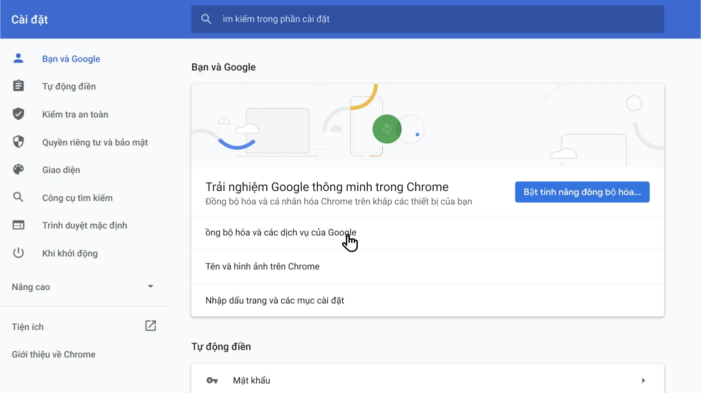 Cửa sổ cài đặt của trình duyệt Chrome hiển thị trình đơn tùy chọn Bạn và Google.