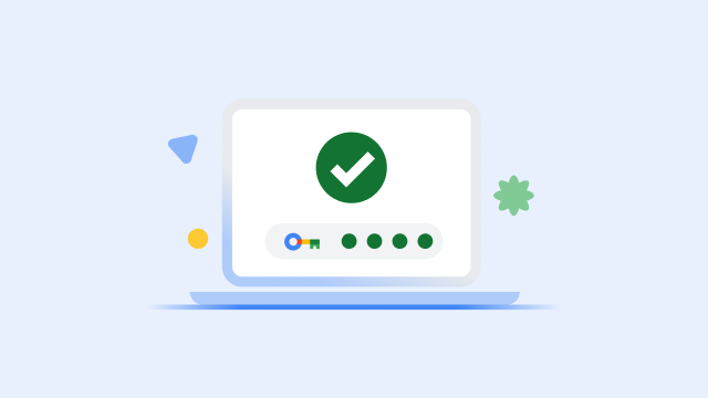 En bærbar computer viser en skærm med et stort grønt flueben og en statuslinje for en fuldført sikkerhedsnøgle.