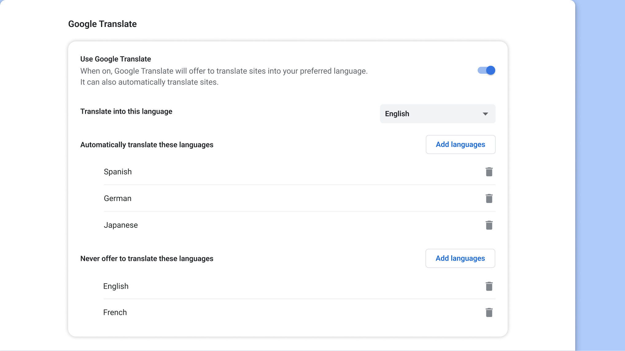 Google Translate setting page in Chrome