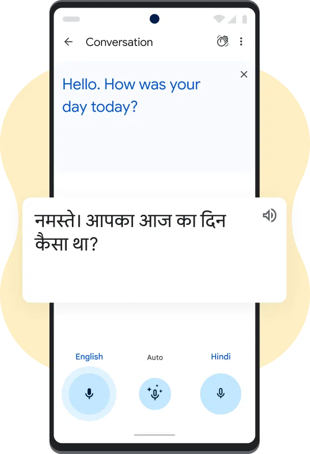 Pixel phone showing Translate's Conversation function with supporting icons and illustrated shapes