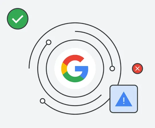 Ilustración de verificaciones y advertencias que giran alrededor del logotipo de Google