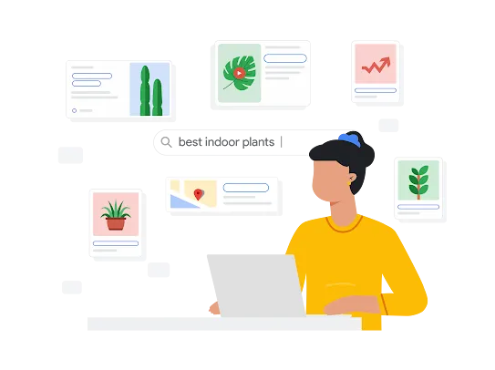 Ilustração de uma pessoa a pesquisar as melhores plantas de interior no Google