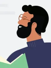 Un hombre con barba que usa gafas tiene los ojos cerrados y un libro en sus manos