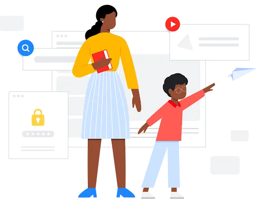 Illustration einer Mutter mit ihrem Kind, die sich gemeinsam Suchergebnisse ansehen