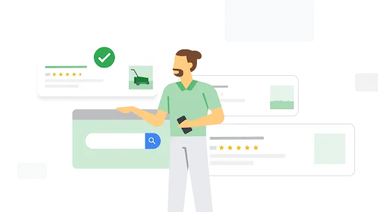 Een persoon zoekt naar informatie over grasmaaiers