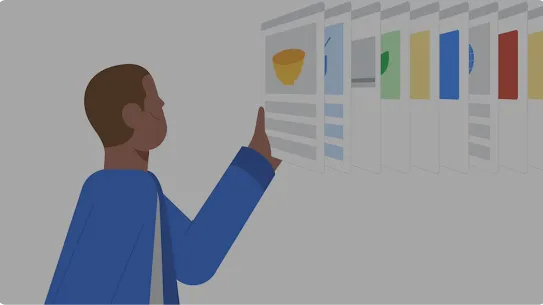 Ilustración en la que se ve a un hombre que está mirando una serie de páginas web