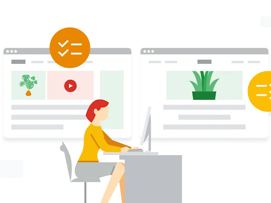 A person sitting at their computer searching for information about houseplants