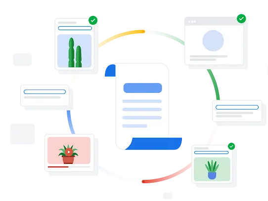 Illustration, die zeigt, wie Suchergebnisse um eine lange Seite kreisen, die die Inhaltsrichtlinien von Google symbolisiert