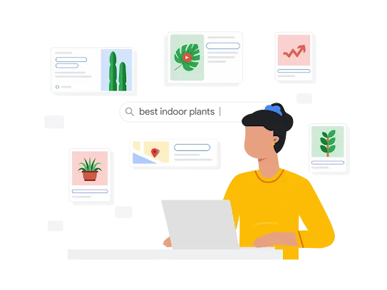 Илюстрация на човек, който търси най-добрите стайни растения с Google