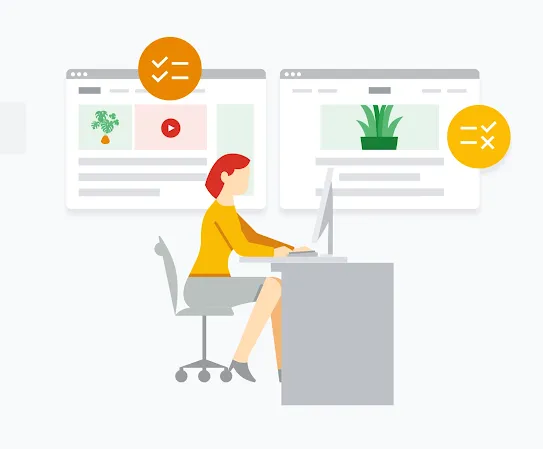 Uma pessoa sentada ao computador a pesquisar informações sobre plantas de interior