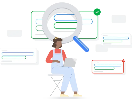 Una persona en su laptop; en el fondo, flotan ilustraciones de resultados de la búsqueda