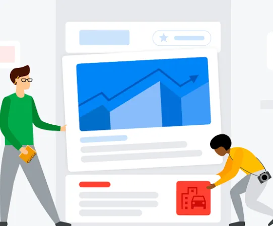 An illustration of two people moving website components