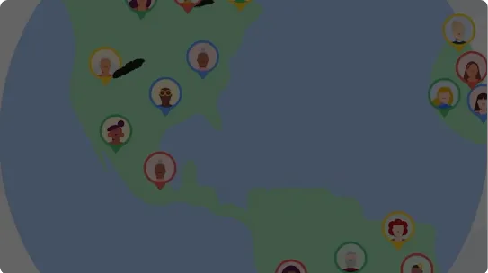 Illustrazione del mondo con segnaposti in ogni paese con avatar diversi